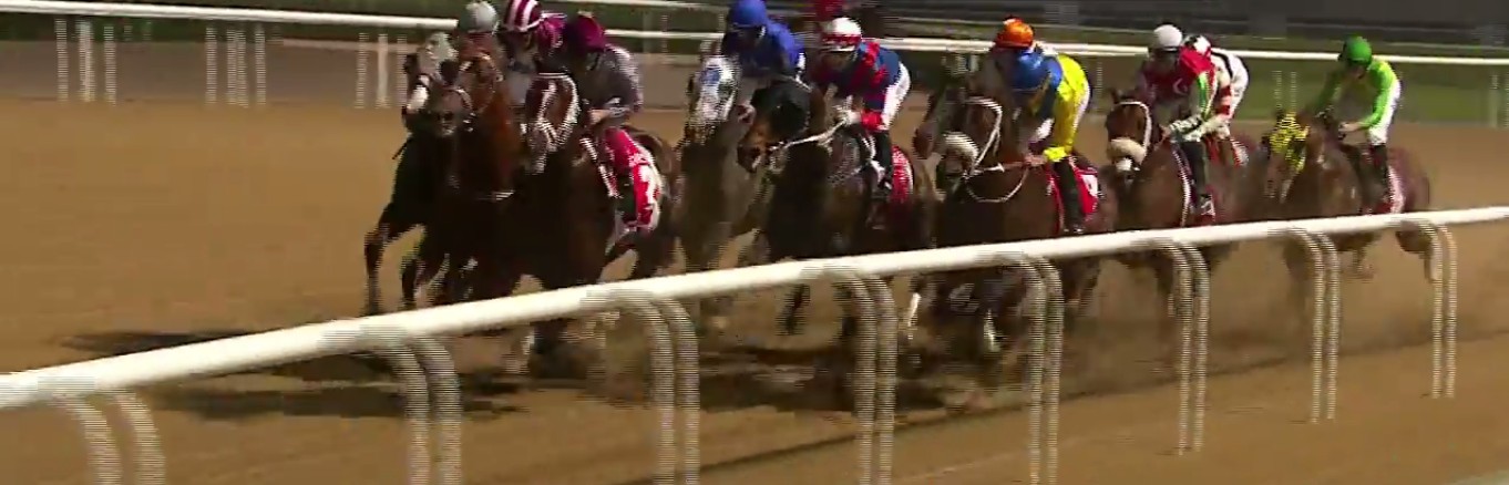 California Chrome draws into contention while racing three-wide en route to capturing the 2016 Dubai World Cup.