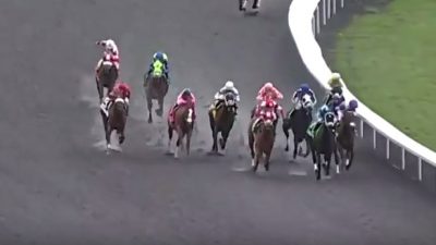 The field turns for home in the 2016 Spiral Stakes at Turfway Park.