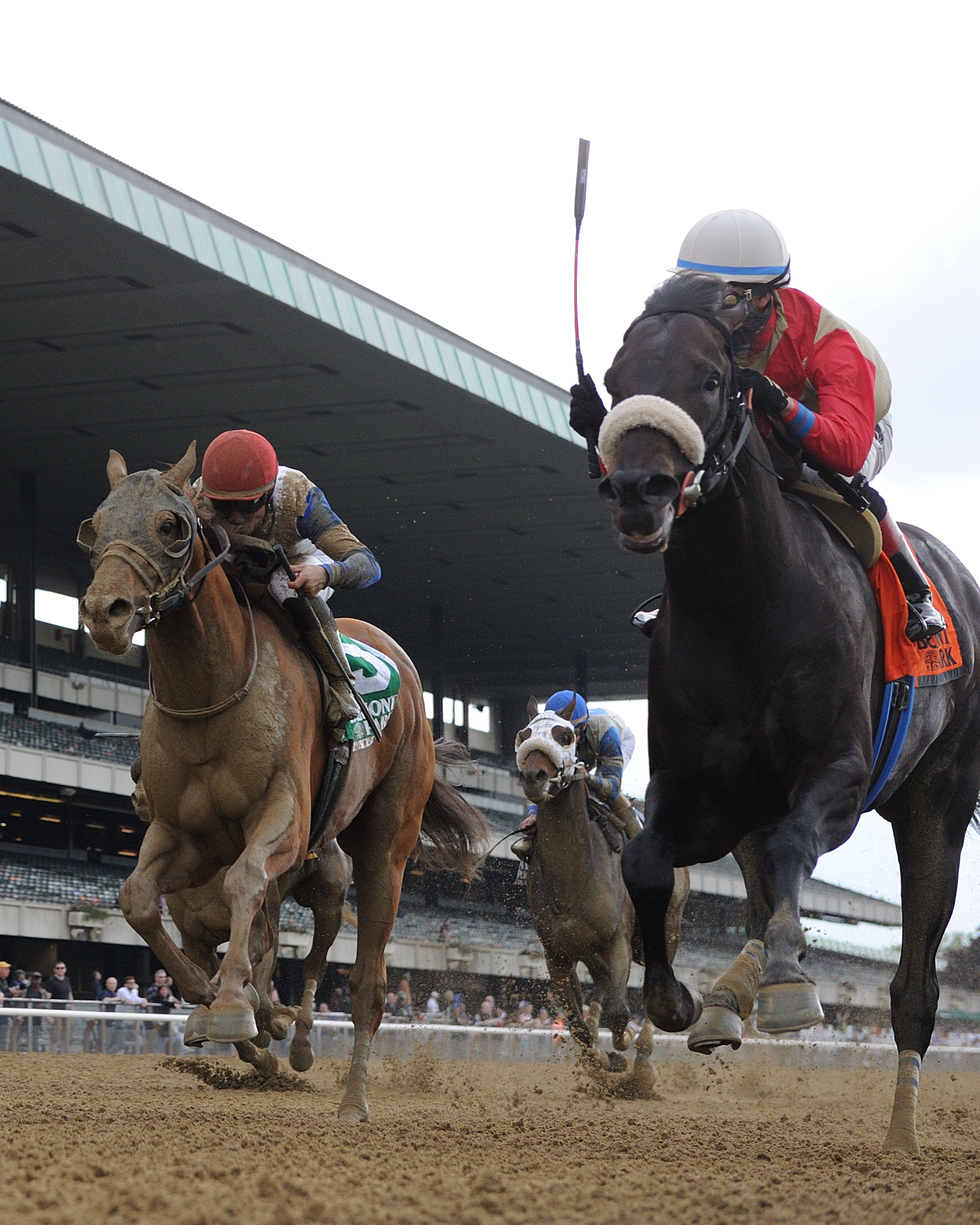 Governor Malibu (left) runs at Unified in the Peter Pan Stakes at Belmont Park (photo via NYRA/Adam Coglianese).