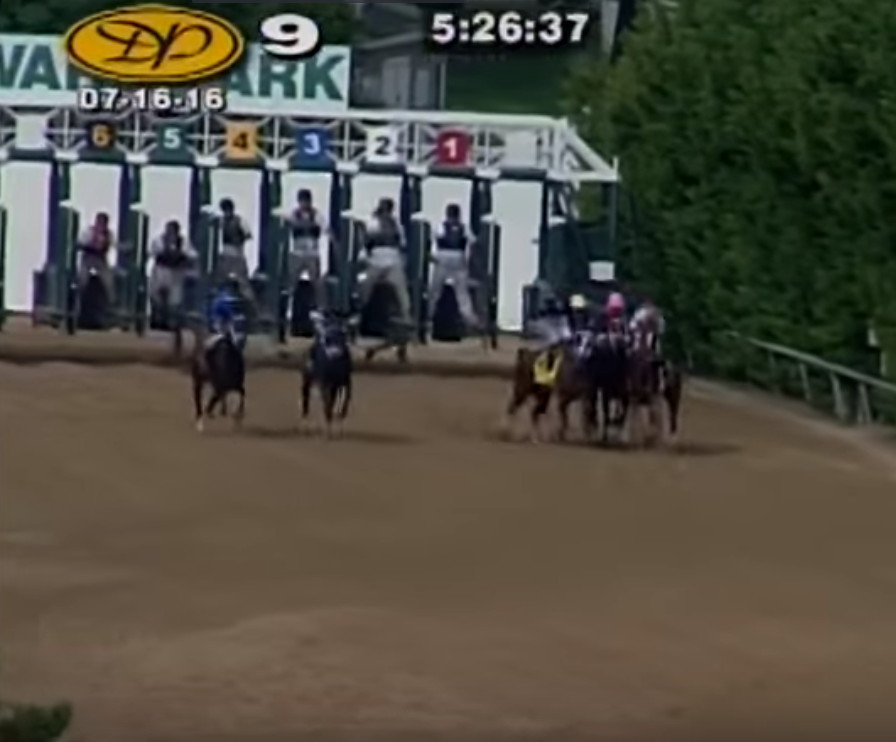I'm a Chatterbox (4) makes a left-hand turn leaving the gate of the Delaware Handicap, impeding several rivals.