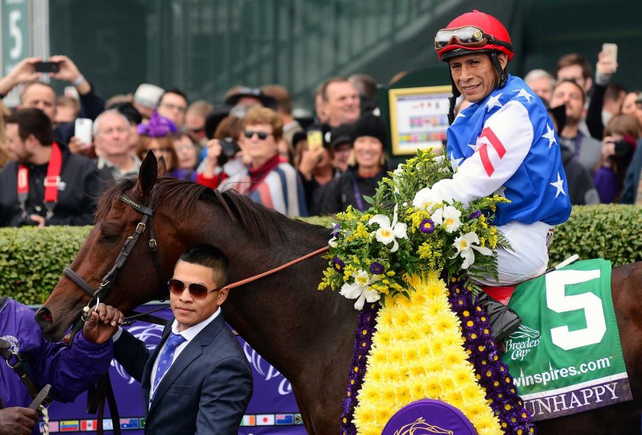 Runhappy in the winner's circle after the Breeders' Cup Sprint (photo from the Houston Chronicle)