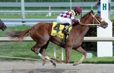 Flora Dora winning the My Dear Girl Stakes (photo from the Courier-Journal)