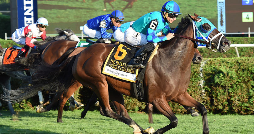 Strike Charmer (at odds of 27-1) rallies past Lady Eli in the Ballston Spa at Saratoga on Saturday (photo via www.NYRA.com)