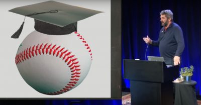 Andy Andres of Boston University at Google's office in Cambridge, MA, discussing Sabermetrics (photo via YouTube).