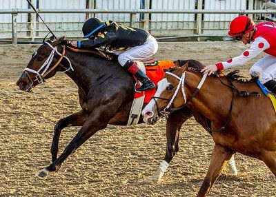 Bravazo (black silks) edges Snapper Sinclair in the Risen Star Stakes at Fair Grounds on Saturday (photo by Hodges Photography).