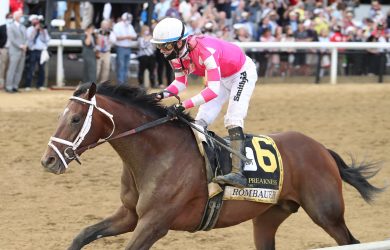 Rombauer #6 with Flavien Prat won the $1,000,000 Grade I Preakness Stakes at Pimlico Racecourse on Saturday May 15, 2021.  Photo Courtesy of Bill Denver/MJC